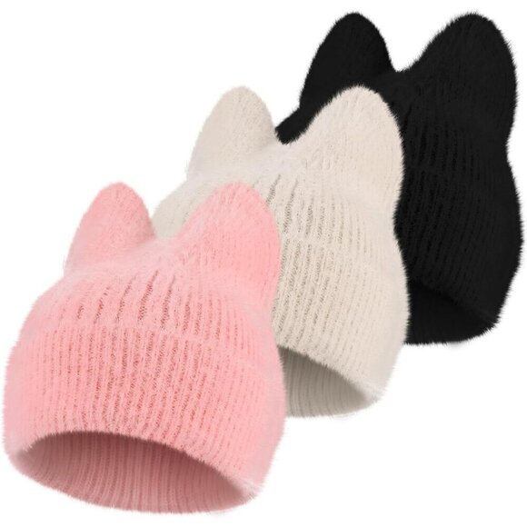 XFHLMJFF Crochet Hats for Women Cat Beanie Solid Color New  3 Pcs Winter Knit Cat Ear Beanie Hats Women Men Warm Casual Accessories